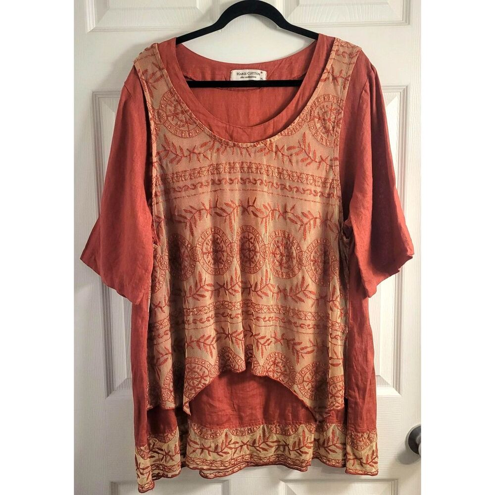 Haris Cotton XL 100% Linen Tunic Top Embroidered Mesh Overlay Boho Lagenlook
